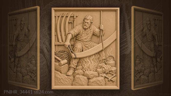 Boat builder steaming a plank over fire 3d STL model