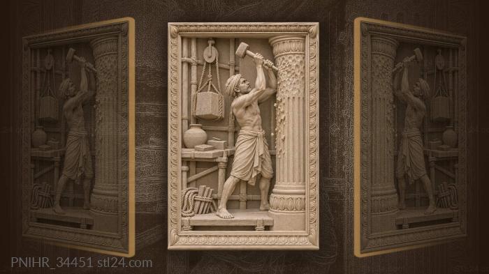 Mason roughens a sandstone column with a heavy chisel 3d STL model