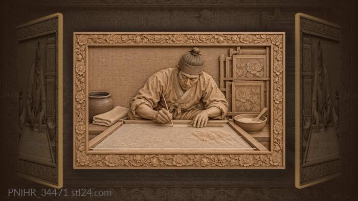 Korean painter applying resist paste 3d STL model