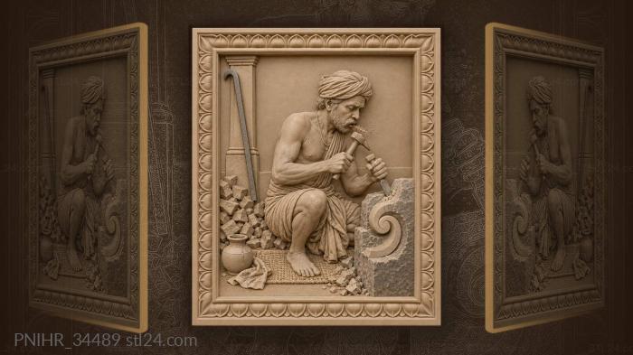 Indian carver splitting granite volute 3d STL model