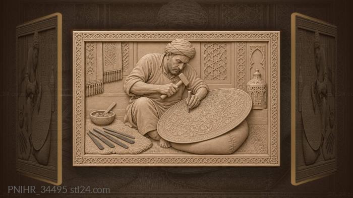Brass worker guides a punch along a floral tendril 3d STL model