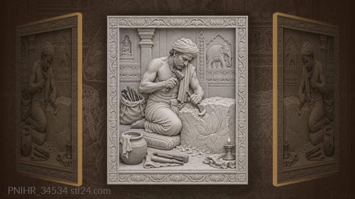 Indian carver working stone lotus 3d STL model