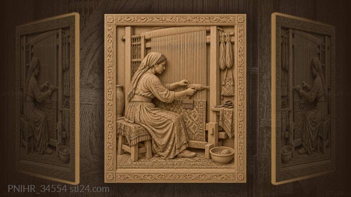 Seated weaver guides bobbin through warp 3d STL model