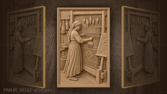 Standing weaver checks long weft against pattern 3d STL model