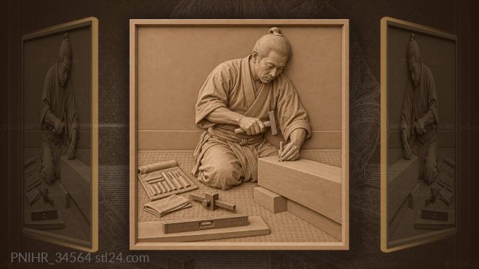 Carpenter sinks a bamboo peg into the sill 3d STL model
