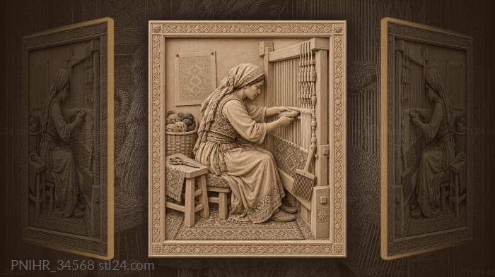 Loom worker pulls thick bobbin through warp 3d STL model