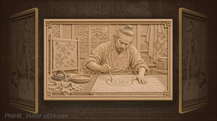 Korean painter applying starch resist 3d STL model