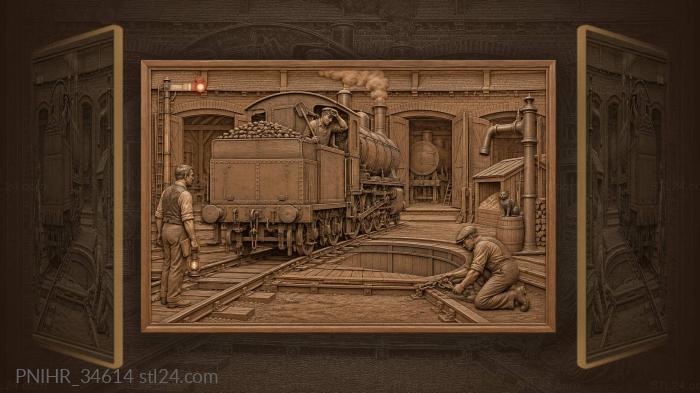 Steam train entering depot roundhouse scene 3d STL model