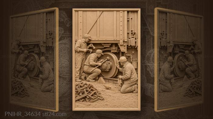 Rail workers inspect wheel flange damage 3d STL model