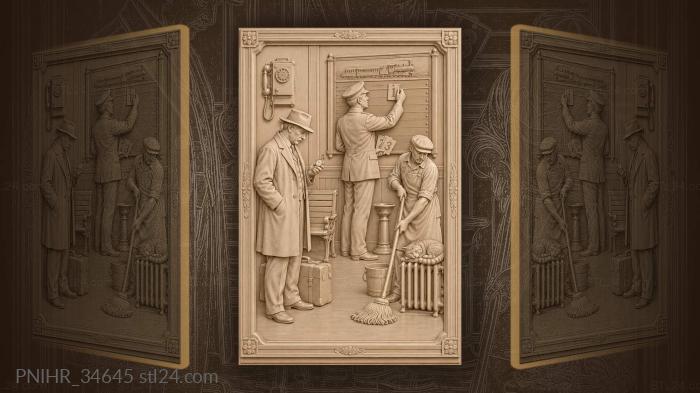 Stationmaster posts arrivals while traveler waits 3d STL model