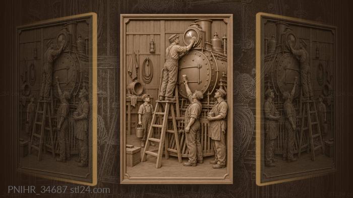 Railway worker cleaning locomotive headlight 3d STL model