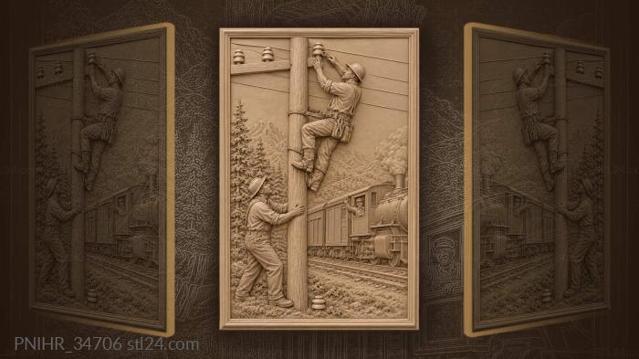 Lineman repairs telegraph pole train passing 3d STL model