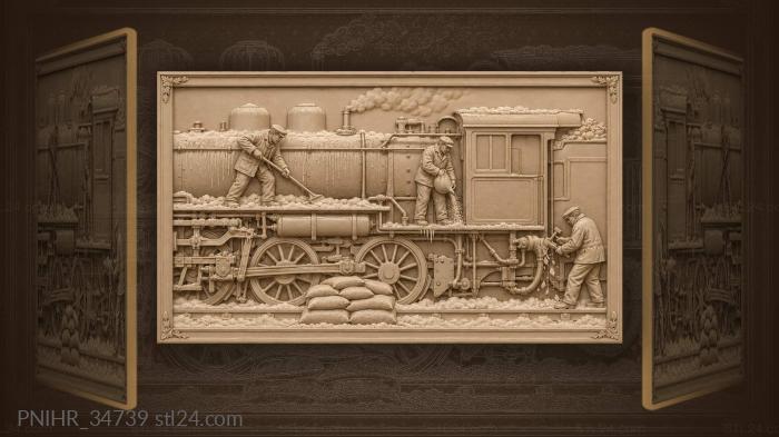 Yard workers clear ice from locomotive 3d STL model
