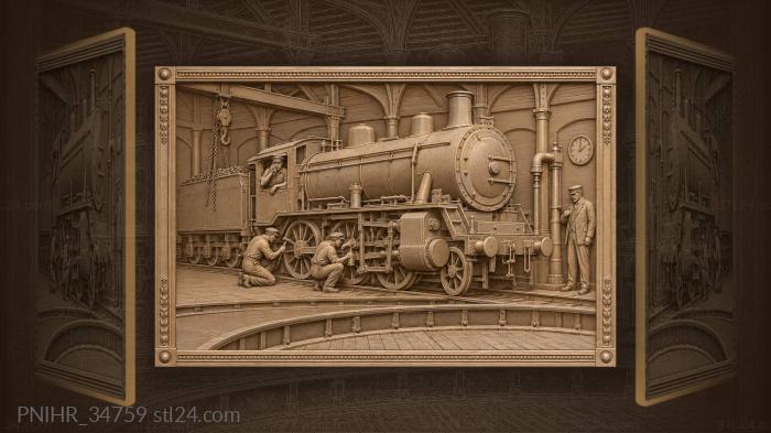 Steam locomotive in depot roundhouse 3d STL model