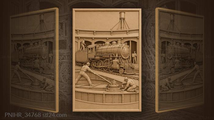 Locomotive entering roundhouse with workers 3d STL model