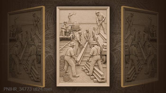 Rail workers loading a flatcar 3d STL model