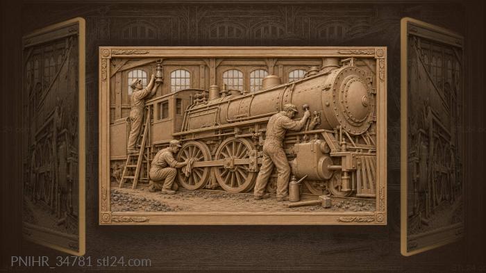 Steam locomotive workshop busy scene 3d STL model