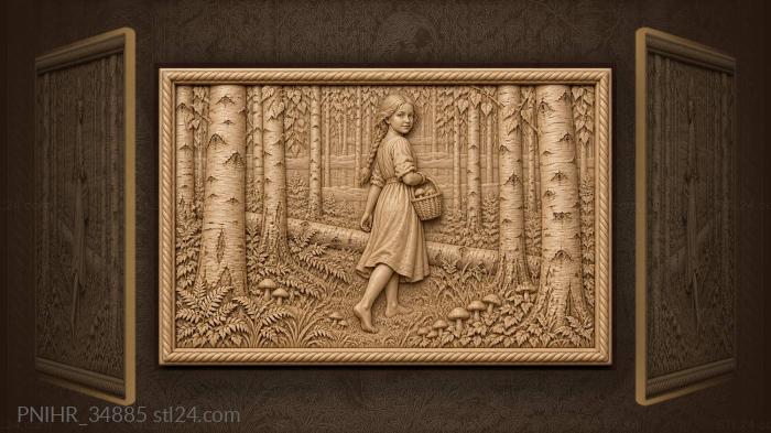 Through birches girl gathers morning mushrooms 3d STL model
