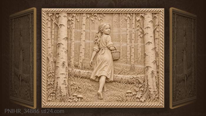 Among misty birches girl carries basket 3d STL model