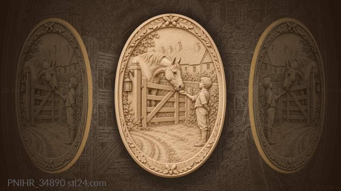 Horse at village gate with boy 3d STL model