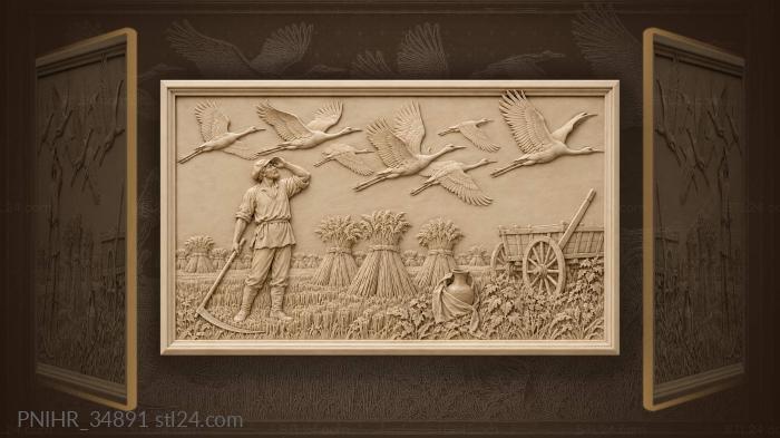 Cranes over golden harvest field 3d STL model