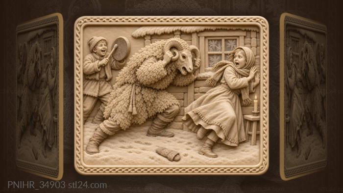 Ram masked mummer chases a fleeing girl 3d STL model