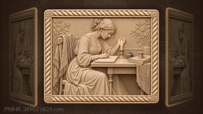 Woman shielding a candle over her notebook 3d STL model