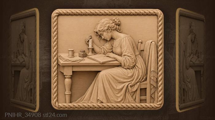 Woman writing by candlelight study 3d STL model