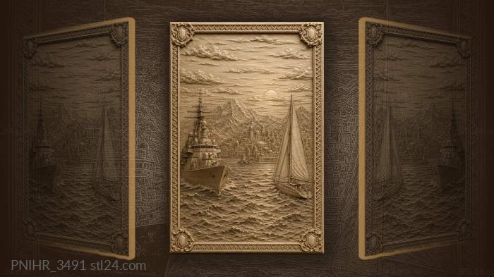 Warship and a yacht before the city 3d STL model