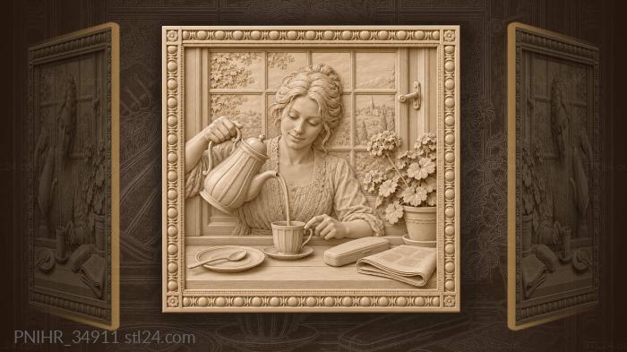 Hand pours coffee beside a geranium 3d STL model