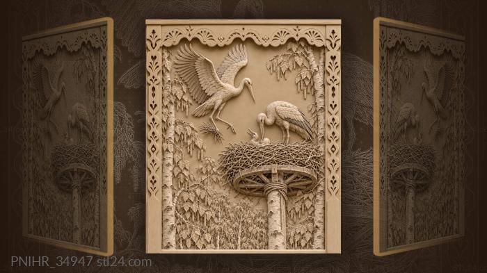 Returning stork delivers twigs above birches 3d STL model