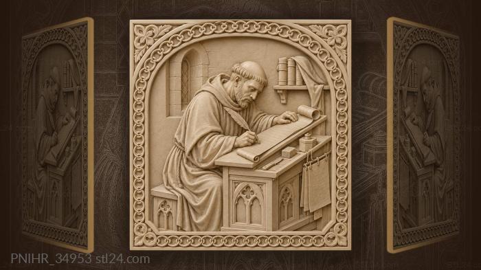 Scriptorium scene with medieval monk writing 3d STL model