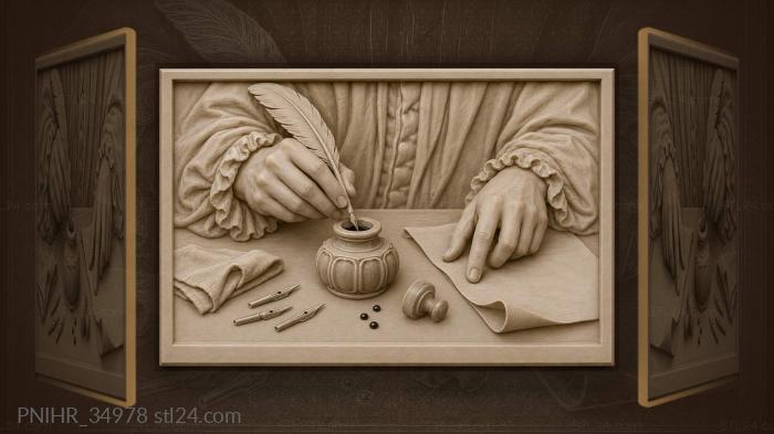 Author dips quill into open inkwell 3d STL model
