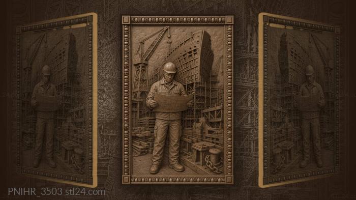 Shipyard worker with construction blueprint 3d STL model