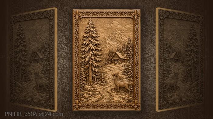 Winter forest cozy cabin deer 3d STL model