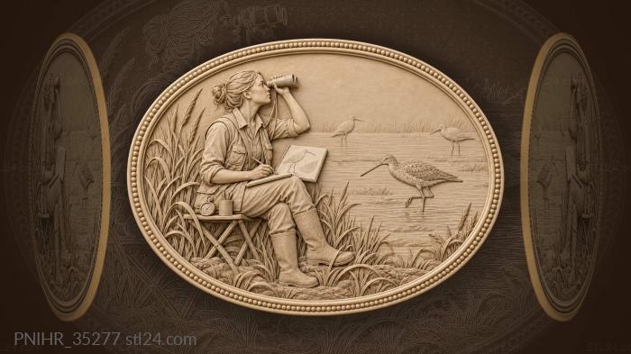 Ornithologist with binoculars sketching a wader 3d STL model
