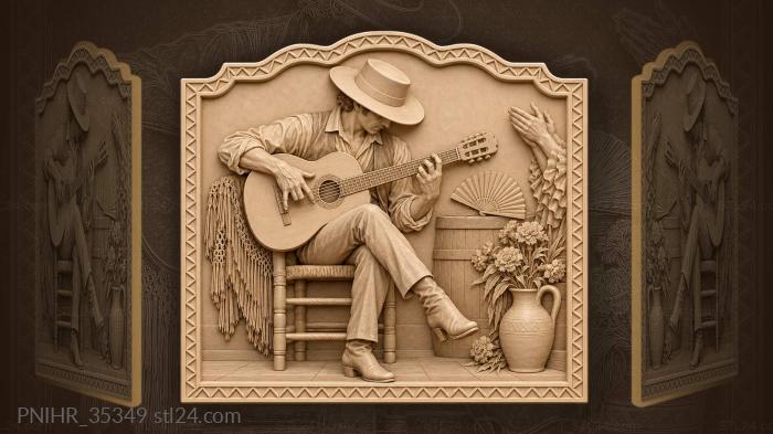Seated guitarist stamps beside spilling carnations 3d STL model