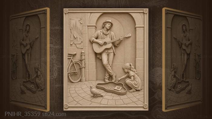 Musician plays as girl offers coin 3d STL model