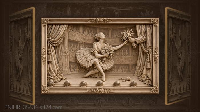 Ballerina curtsies with bouquet at footlights 3d STL model
