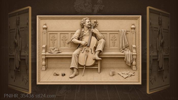 Cellist’s playful moment on bench 3d STL model