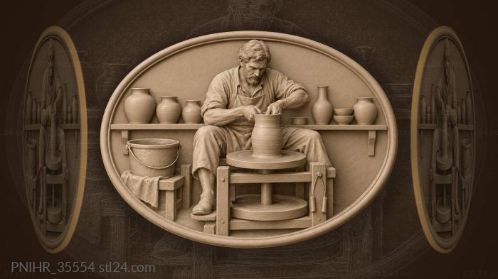 Potter shapes a tall vessel on the wheel 3d STL model