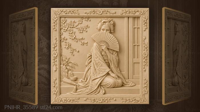 Patient geisha hides behind a knowing fan 3d STL model