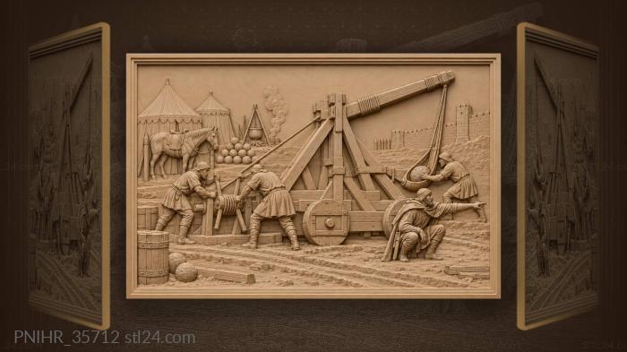 Catapult sends stone over fortress wall 3d STL model