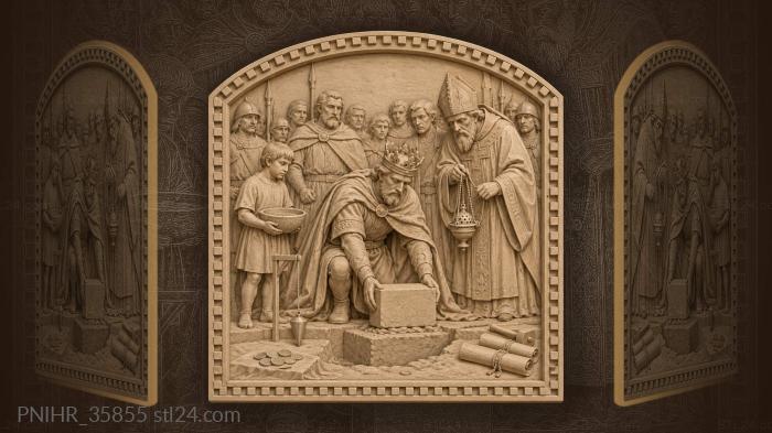 Crowned founder lowers stone beside the priest 3d STL model