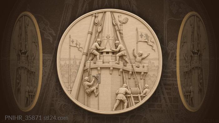 Workers set spire atop fortress 3d STL model