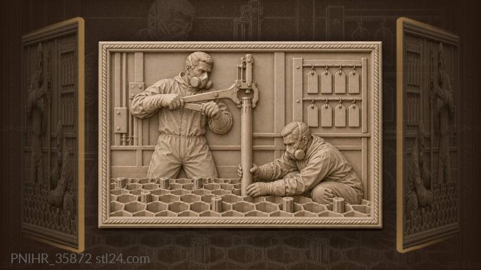 Technician lowers fuel rod with tongs 3d STL model