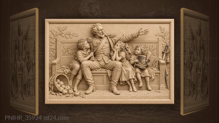 Grandfather hugs three grandchildren close 3d STL model