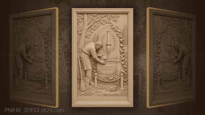 Gravekeeper straightens helmet on gravestone 3d STL model