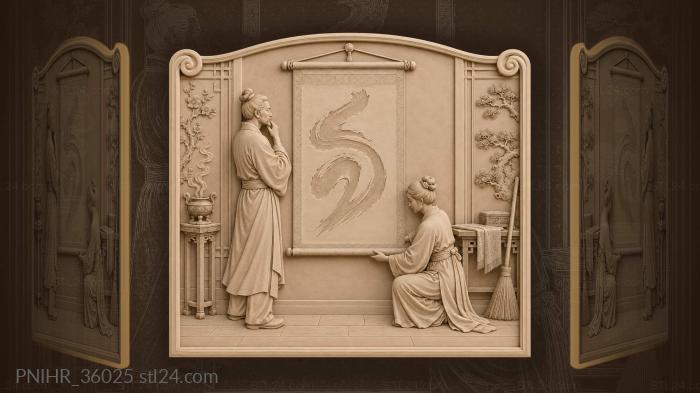 Scholar adjusting hanging scroll with attendant 3d STL model