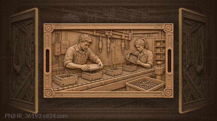 Assembly line workers industrial scene 3d STL model
